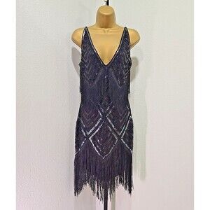Babeyond Black Silver Sequin Fringed Flapper Dress Large Gatsby Maximalist Glam